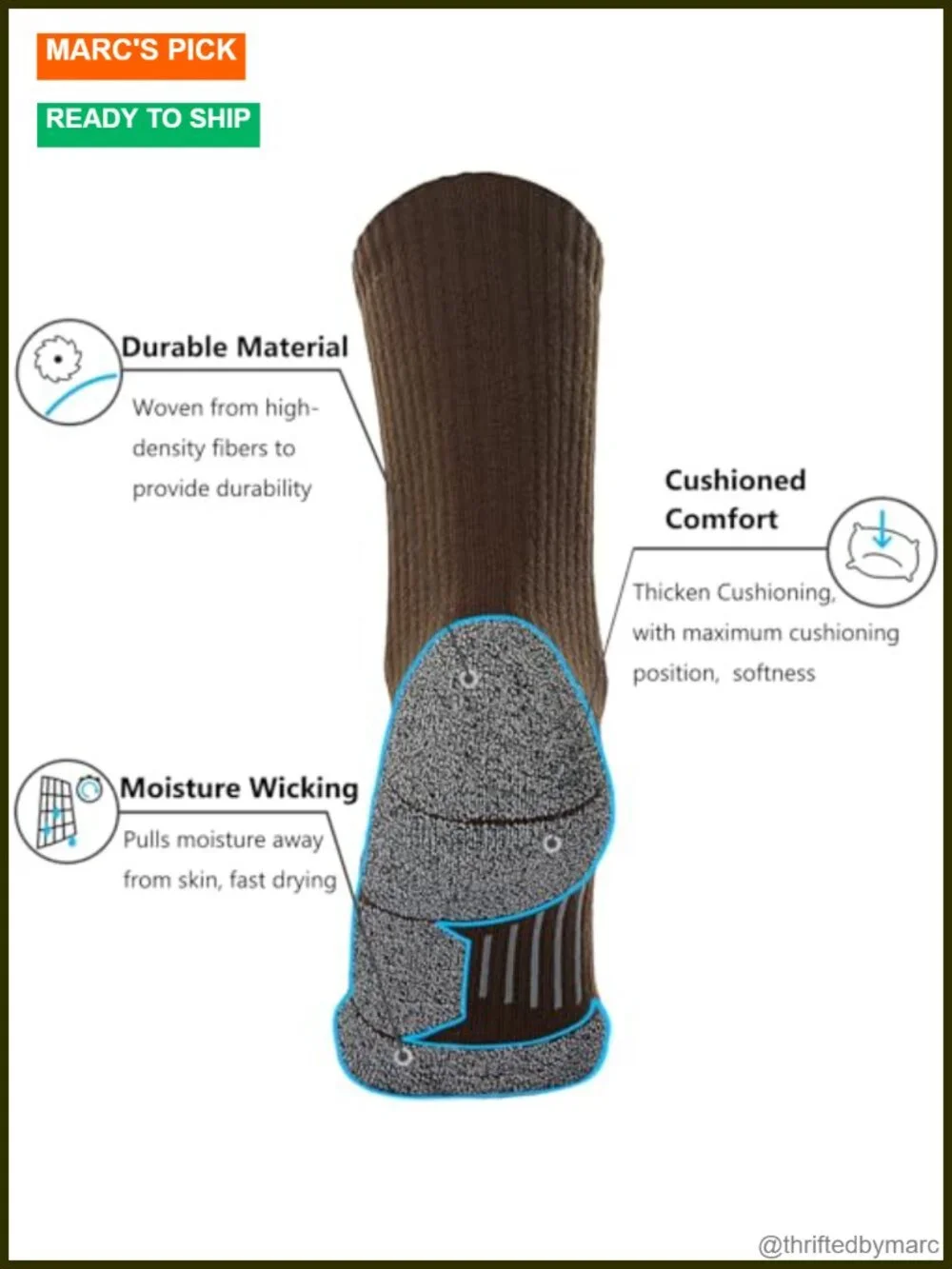 Crew Hiking Socks, Cushion, Moisture Wicking, Arch Compression, Performance Fit